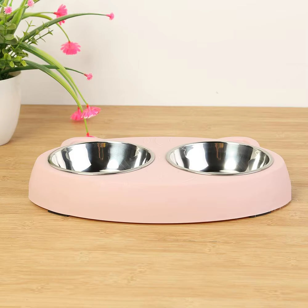 Dog Double Bowl Puppy Food Water Feeder Cute Stainless Steel Pets Drinking Dish Feeder Pets Supplies Feeding Dishes Dogs Bowl