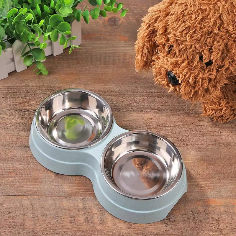 Dog Double Bowl Puppy Food Water Feeder Cute Stainless Steel Pets Drinking Dish Feeder Pets Supplies Feeding Dishes Dogs Bowl