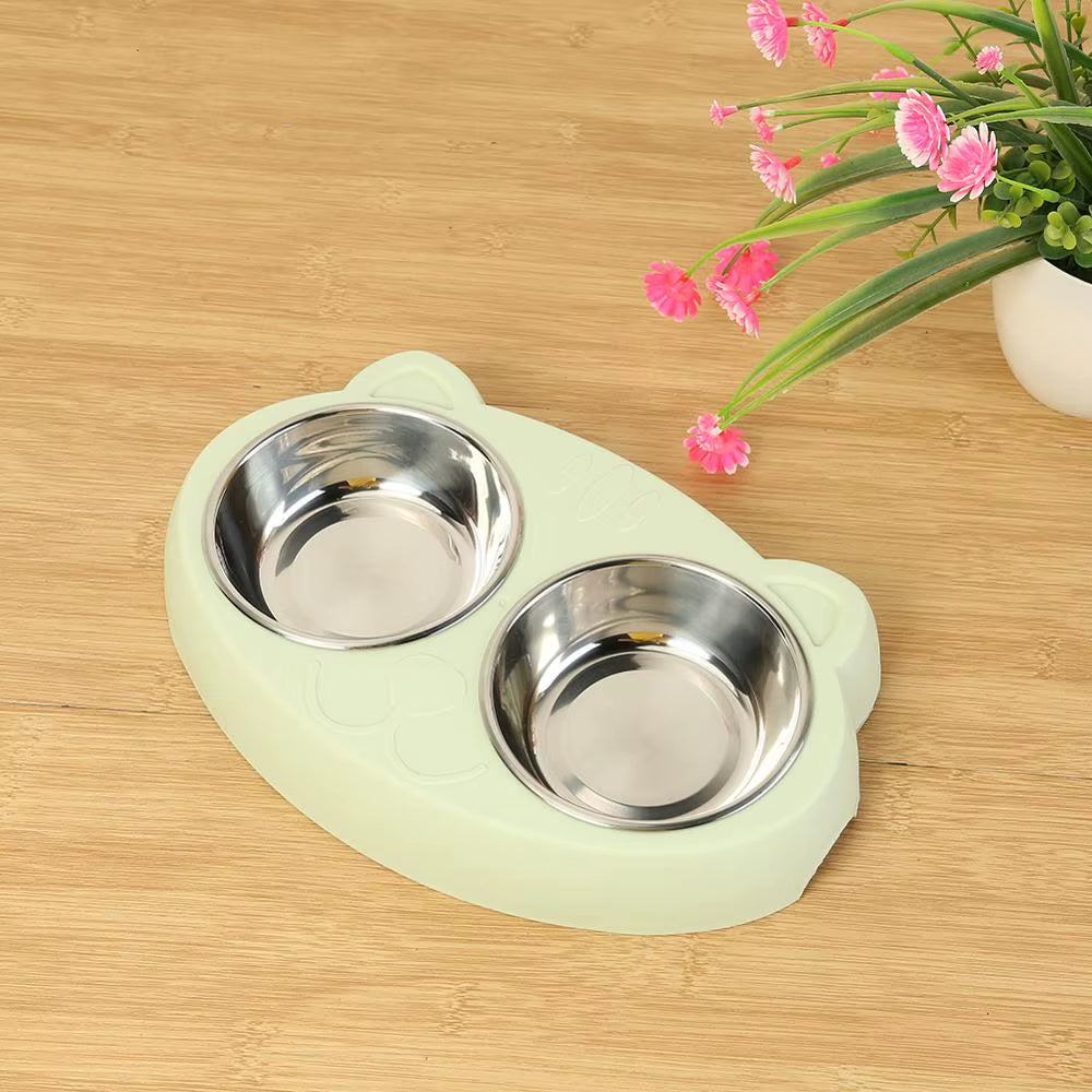 Dog Double Bowl Puppy Food Water Feeder Cute Stainless Steel Pets Drinking Dish Feeder Pets Supplies Feeding Dishes Dogs Bowl