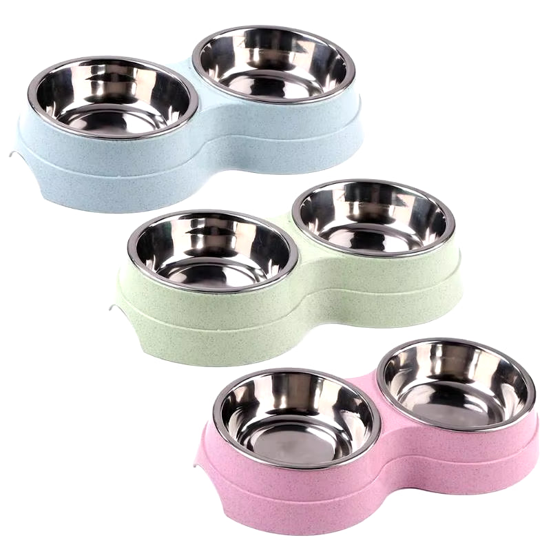 Dog Double Bowl Puppy Food Water Feeder Cute Stainless Steel Pets Drinking Dish Feeder Pets Supplies Feeding Dishes Dogs Bowl