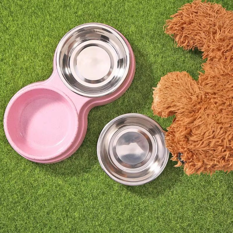 Dog Double Bowl Puppy Food Water Feeder Cute Stainless Steel Pets Drinking Dish Feeder Pets Supplies Feeding Dishes Dogs Bowl
